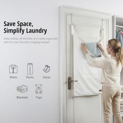 DECOMOMO Hanging Laundry Hamper - Laundry Bag with Hooks (White) | 22" x 35.8" Extra Large Hanging Laundry Basket with Bottom Zipper, Over The Door Storage for Clothes, Bathroom & Bedroom