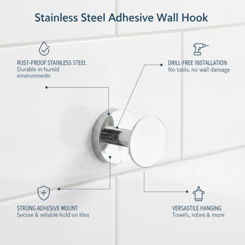 Wall Hook Stainless Steel Adhesive Mount for Bathroom Tile and Glass, Drill-Free Holder for Wet Towels and Robes (1 Piece) - size: 2.05 x 2.28 x 2.13 in