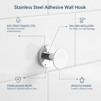 Wall Hook Stainless Steel Adhesive Mount for Bathroom Tile and Glass, Drill-Free Holder for Wet Towels and Robes (1 Piece) - size: 2.05 x 2.28 x 2.13 in