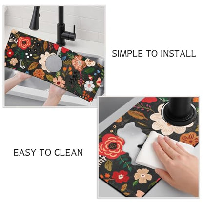 Boho Black Flowers Kitchen Sink Splash Guard Faucet Mat,Faucet Non-Slip Absorbent Mat,Farmhouse Sink Splash Guard Behind Faucet for Kitchen Bathroom, 15"x5.5" - color: Drying Faucet Mat 4