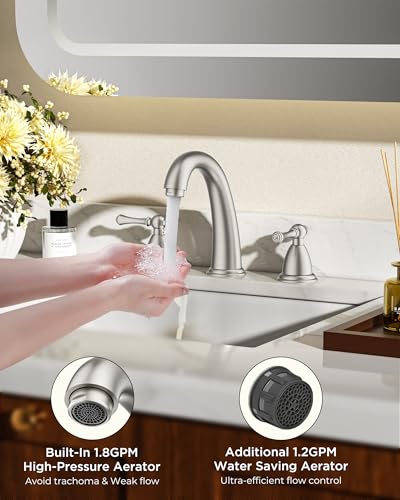 FORIOUS Bathroom Faucet 3 Hole Widespread 8" Sink Faucets Brushed Nickel | 3-hole 6-12 Inch Widespread Sink, 2 Lever Handle, with Drain and Hoses,for Vanity Rv Commercial Lavatory Restroom Farmhouse - color: Stainless Steel, style: Classic