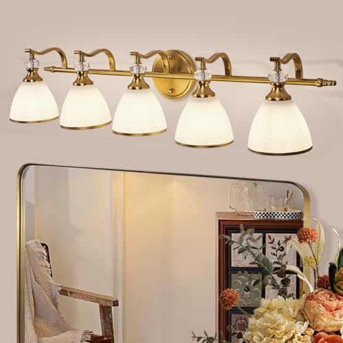 ANDY STAR Gold Bathroom Light Fixture, 5-Light Bathroom Wall Sconces, 35 inch Brass Vanity Light with Milky White Frosted Glass Shade, Large Vintage Wall Lights for Spacious Rooms - color: Gold, size: 5-Light