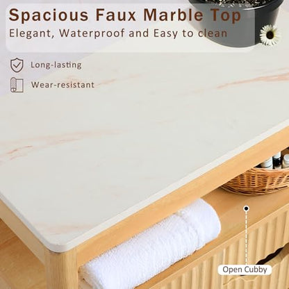 Fluted Storage Cabinet for Bathroom, 3 Drawer Floor Cabinet with Sliding Door, Mid Century Storage Organizer with Adjustable Shelf, Modern Curved Edge Cabinet for Dining Room Kitchen (Natural)