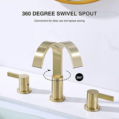 TRUSTMI 8 Inch Widespread Brushed Gold Bathroom Faucet 3 Hole 2 Handle Brass Vanity Sink Faucet with 360 Degree Swivel Spout, Overflow Drain and cUPC Waterlines - color: Brushed Gold