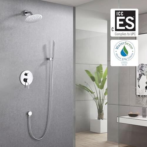 SUMERAIN Bathroom Rain Shower System with 8" Rain Shower Head | Wall Mounted, Brass Hand Shower, Rough in Valve Included, Concealed Box Design, Easy to Maintain and Install - color: Chrome, size: 2 Function