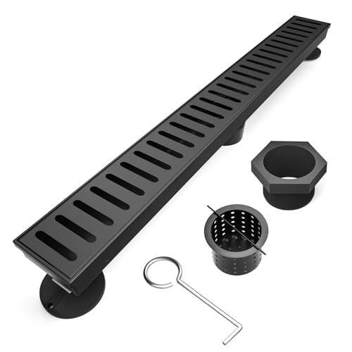 BARONAGE 28 Inch Linear Shower Drain, Capsule Grate, Matte Black | V-shaped Rapid Linear Drains, Rustproof, Hair Catcher, 304 Stainless Steel Rectangle Shower Floor Drain For Bathroom - size: 28 Inch