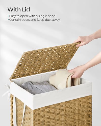 SONGMICS Laundry Hamper with Lid, 23.8 Gallon (90 L) Synthetic Rattan Clothes Laundry Basket with Lid and Handles, Foldable, Removable Liner, Goose Yellow ULCB51NL - color: Goose Yellow, size: 90 L