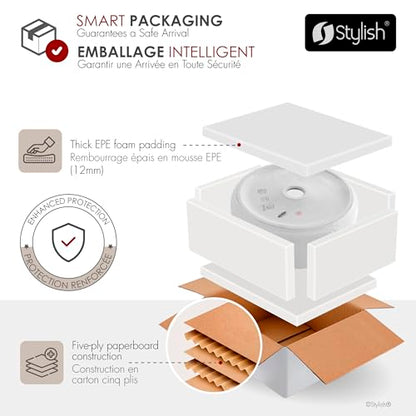 Stylish 14-1/8" White Round Vessel Bathroom Sink, Glossy Porcelain Bowl with Slim Edge, Above-Counter Installation, High-Gloss Finish Set of 2, P-229H-2 - style: 14-1/8" White Round Vessel set 2