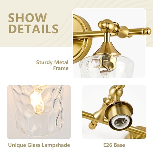 3-Light Bathroom Vanity Light Fixture Over Mirror, Brushed Gold | Clear Hammered Glass Shades, Beaded Crossbar Frame, Rippled Glow, Wall Mount Up or Down, E26 Socket, Hardwired, 120V - color: Brushed Gold