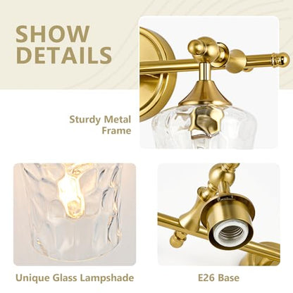 3-Light Bathroom Vanity Light Fixture Over Mirror, Brushed Gold | Clear Hammered Glass Shades, Beaded Crossbar Frame, Rippled Glow, Wall Mount Up or Down, E26 Socket, Hardwired, 120V - color: Brushed Gold