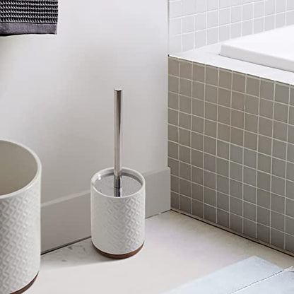 Bathroom Accessories Ceramic Toilet Brush Set - Toilet Bowl Brush and Holder with Wooden Base (White and Beige)