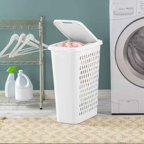 Sterilite Slim Laundry Hamper with Lid, Tall Plastic Hamper for Collecting Dirty Clothes or Sorting Clean Clothes, White, 4-Pack