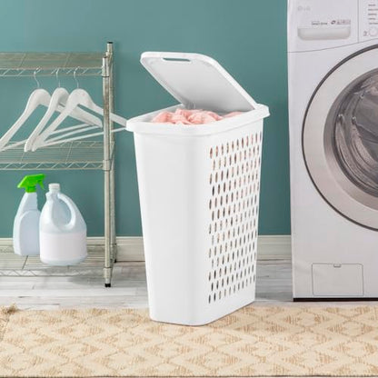 Sterilite Slim Laundry Hamper with Lid, Tall Plastic Hamper for Collecting Dirty Clothes or Sorting Clean Clothes, White, 4-Pack