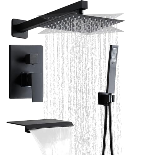 Matte Black Shower Faucet Set with Tub Spout 8 Inch, | with 2 Hooks, Tub and Shower Faucet Combo, Rain Shower and Handheld Shower System Square Wall Mount for Bathroom - color: Matte Black, style: 8 Inch