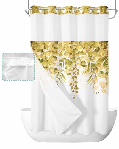 No Hook Shower Curtain and Snap in Liner Set, Yellow Eucalyptus Fabric Bathroom Stall Shower Curtains 36x72, See Through Mesh Top Window, Spring Summer Botanical Floral Leaves Country Hotel Style - color: Yellow, size: 36"W x 72"L (Pack of 1)