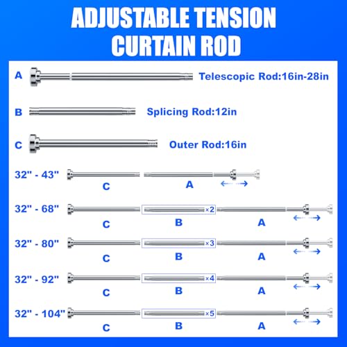 Ausemku Shower Curtain Rod - 32-92 Inch Rustproof Tension Rod, Non-Slip Spring Design, No Drilling Adjustable Curtain Rod for Bathroom, Kitchen, and Closet（Silver） - color: Silver, size: 32-92 IN