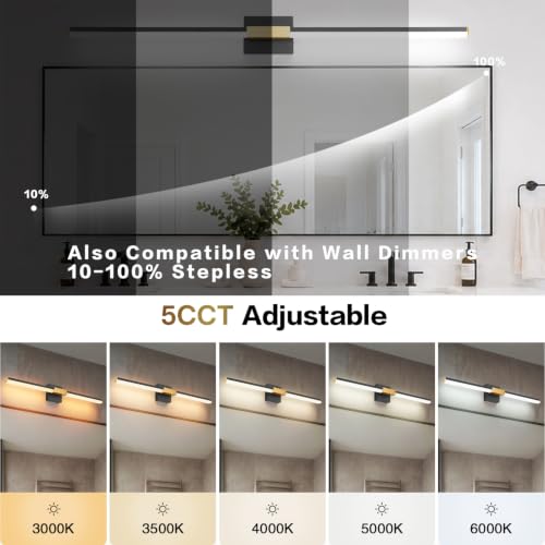 SOLFART Bathroom Vanity Lights 48-Inch: Black and Gold 5CCT Dimmable Bathroom Lights Over Mirror, Solid Frosted Acrylic, Built-in Dimmer, CRI88 Soft Light, ETL IP44 - color: Black Gold-5CCT, 5-Step Brightness Control, size: 48 inch