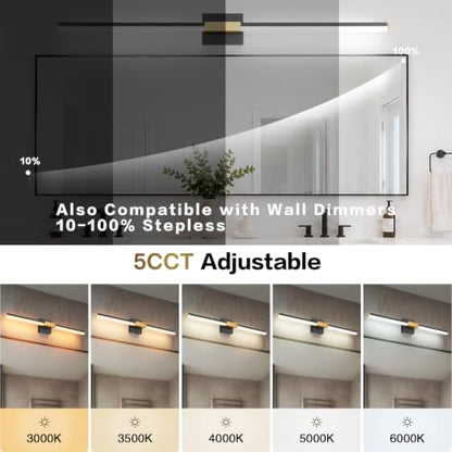 SOLFART Bathroom Vanity Lights 48-Inch: Black and Gold 5CCT Dimmable Bathroom Lights Over Mirror, Solid Frosted Acrylic, Built-in Dimmer, CRI88 Soft Light, ETL IP44 - color: Black Gold-5CCT, 5-Step Brightness Control, size: 48 inch