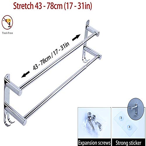 Towel Bars Retractable 20-30 Inche Stainless Steel 304 Bath Towel Rack Strong 3M Adhesive Bathroom Wall-mounting Free mounting Hole-Installing washroom Kitchen Space Saving 2 Bars