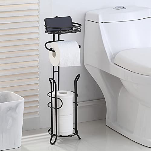 SunnyPoint Bathroom Heavyweight Toilet Tissue Paper Roll Storage Holder Stand with Reserve and Shelve, The Reserve Area Has Enough Space to Store Mega Rolls. (Black) - color: Black