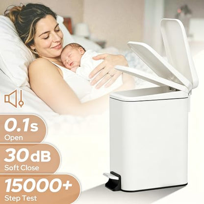 Small Bathroom Trash Can w/Lid Soft Close, 6 Liter/1.6 Gallon Stainless Steel Garbage Can w/Inner Bucket, Trash Bin Waste Basket for Kitchen, Bedroom, Living Room, Office, Toilet, White - color: Matte White