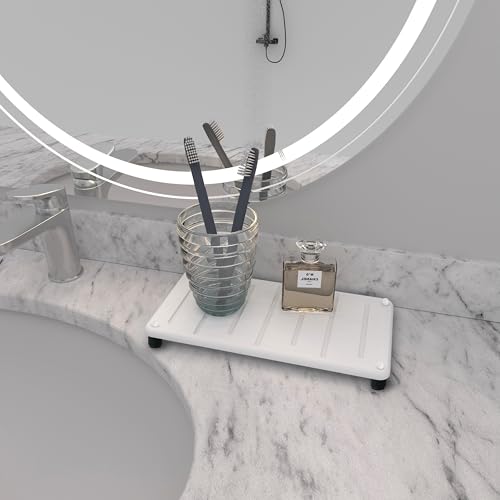 2PCS Water Absorbing Stone Drying Mat for Bathroom Sink & Kitchen Counter Organizer, Instant Dry Soap Dispenser Sponge Holder, Sink Caddy, Vanity Tray (8.66"x4.33"-White) - color: 8.7" X 4.3" White With Feet