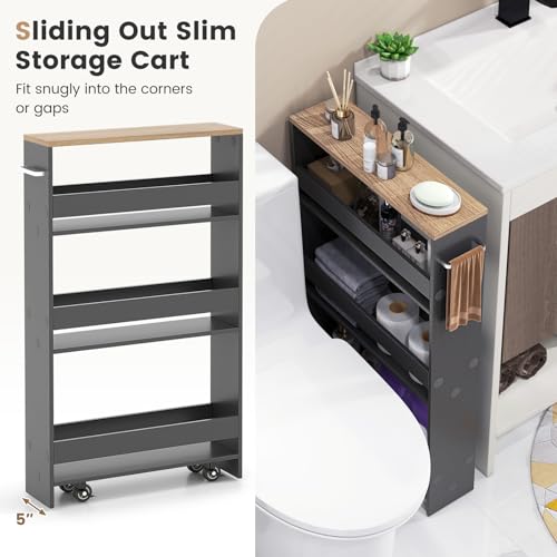 COSTWAY Slim Rolling Storage Cart, 4-Tier Rolling Utility Cart, Wood Kitchen Storage Cart with Handle & Wheels, Narrow Rolling Shelving Unit for Kitchen Bathroom Laundry Small Places (Grey) - color: Grey