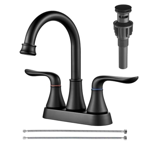 GENBONS Bathroom Faucets for Sink 3 Hole, 4 inch Matte Black with Pop-up Drain and 2 Supply Hoses 2 Handle Centerset Faucet for Sink Vanity - color: Matte Black - C, style: Centerset Bathroom Faucet