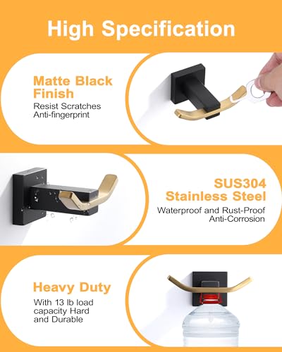 WOWOW Towel Hooks for Bathrooms Black and Gold, SUS304 Stainless Steel Coat Hook, Bathroom Robe Towel Holder, Heavy Duty Robe Hooks, Bathroom Double Towel Hooks for Coats, sponges, Wall Mount - color: Black and Gold