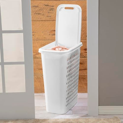 Sterilite Slim Laundry Hamper with Lid, Tall Plastic Hamper for Collecting Dirty Clothes or Sorting Clean Clothes, White, 4-Pack