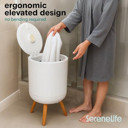 SereneLife Freestanding Towel Warmer Bucket – 18" Hot Towel Warmer with Legs for Bathroom & Spa, 12L Capacity, Built-In Timer, Aroma Discs & LED Indicator, Fits One Towel or Robe - color: White Oak Grain