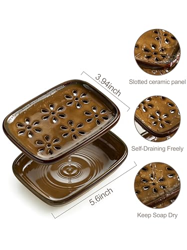 Miamolo Soap Dish with Draining, Bar Soap Holder Keeping Soap Bars Dry | 2-tier Tray Catch Drips, Mess-Free, Non-Slip Base | for Shower Bathroom Bathtub | Sponge Holder Kitchen Sink | Gift, Brown - color: Brown