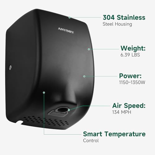 anydry Compact Hand Dryer for Bathrooms, Matte Black Stainless Steel Finish | Ideal for Commercial or Home Use, High-Speed Airflow, Fast Drying, AC 100–130 V~, Smart Warm Wind, Easy Hardware Wiring - color: Fingerprint-resistant Matte Black