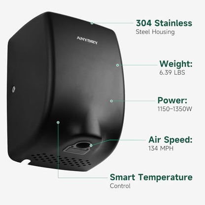 anydry Compact Hand Dryer for Bathrooms, Matte Black Stainless Steel Finish | Ideal for Commercial or Home Use, High-Speed Airflow, Fast Drying, AC 100–130 V~, Smart Warm Wind, Easy Hardware Wiring - color: Fingerprint-resistant Matte Black