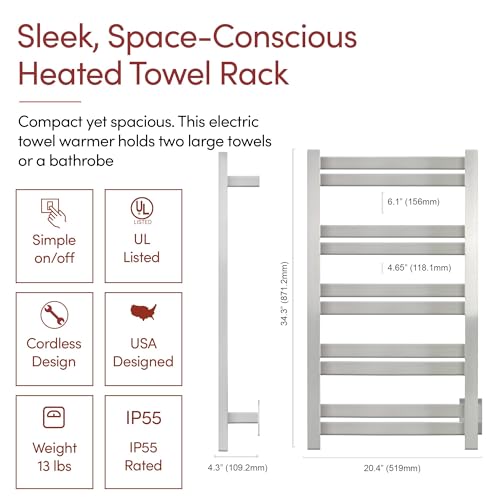 WarmlyYours Grande Heated Towel Rack, 10 Bars, Polished Stainless Steel | Wall-mounted electric towel warmer rack and dryer, 120V hardwired, flat heated bars for towels and bathrobes - color: Polished Stainless Steel, size: 10 Bars