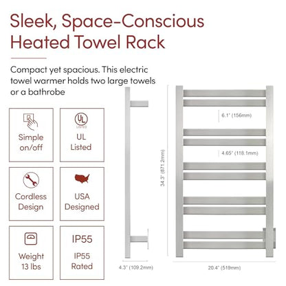 WarmlyYours Grande Heated Towel Rack, 10 Bars, Polished Stainless Steel | Wall-mounted electric towel warmer rack and dryer, 120V hardwired, flat heated bars for towels and bathrobes - color: Polished Stainless Steel, size: 10 Bars