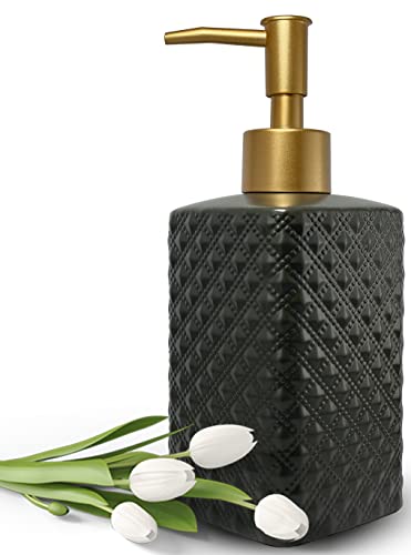 Gold Soap Dispenser for Bathroom,Black Square Lotion Dispenser, Refillable Countertop Ceramic Hand Soap Dispenser,Dish Soap Dispenser for Kitchen 350ml(Black Square Bottle) - color: Black Square Bottle