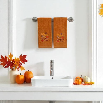 Autumn Harvest Fall Bathroom Guest Hand Embroidered Towels 2 Pc Set: Fall Leaves and Pumpkins Please Design Bath Plush Rust Orange Towels, 100% Cotton, 16" x 25" Inches, Oeko-TEX Certified - color: Fall Leaves Please