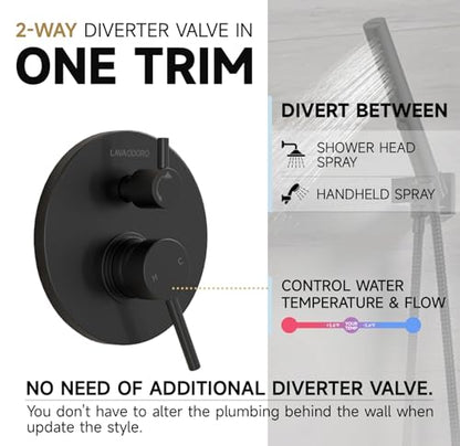 Lava Odoro Modern Rain Shower System Faucet Set, SF104-MB | 2-Setting Round Shower Valve Trim Kit, Matte Black Shower Head Set with Sprayer, 10 Inch, Rough-in Valve Included - color: Matte Black, style: Without Tub Spout