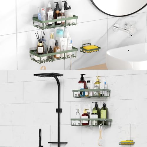 Moforoco 3-Pack Shower Caddy Basket Shelf with Soap Holder, No Drilling Traceless Adhesive Shower Wall Shelves, Rustproof Black Bathroom Shower Storage Organizer - color: Sage green