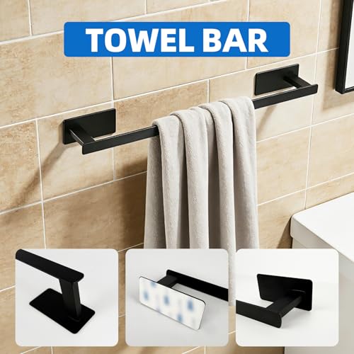 10 Pieces Stainless Steel Bathroom Towel Bar Set Self Adhesive | Matte Black Bathroom Hardware Set, Towel Rack for Bathroom, 16 inch Towel Bar, Robe Hooks, Toilet Paper Holder, Towel Ring