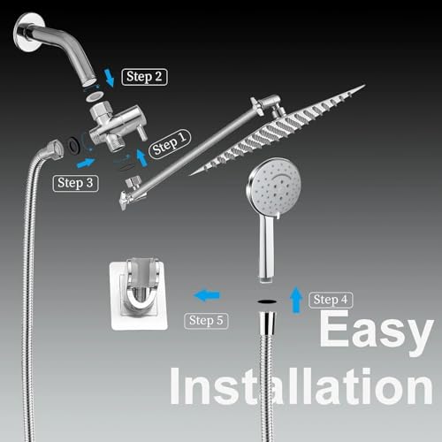 Shower Head,10'' Rain Shower Head with 11'' Angle Adjustable Extension Arm and Handheld Spray Combo/Flow Regulator/Shower System/Angle Adjustable/5Ft Hose, Height (Chrome, 8 Inch)
