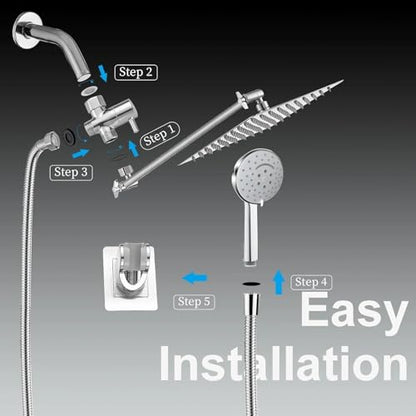 Shower Head,10'' Rain Shower Head with 11'' Angle Adjustable Extension Arm and Handheld Spray Combo/Flow Regulator/Shower System/Angle Adjustable/5Ft Hose, Height (Chrome, 8 Inch)