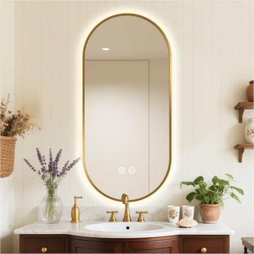 24" x 36" Gold Oval LED Bathroom Mirror with Lights, Backlit Mirror | Anti-Fog, 2700K/4000K/6500K, Stepless Dimmable, Wall Mounted Vanity Mirror with Gold Aluminum Frame, CRI≥93 - color: Gold + Backlit (Low-iron, Copper-free Mirror), size: 36"L x 24"W