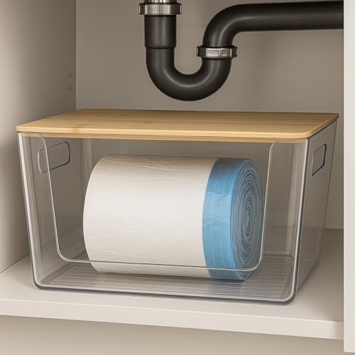 CiWiVOKi 6 Pack Clear Stackable Storage Bins with Bamboo Lids, Trash Bag Holder Dispenser Under Sink Organizer for 4-13 Gal Bags, Plastic Storage Containers for Pantry Bathroom Kitchen Organization - size: 6 Pack