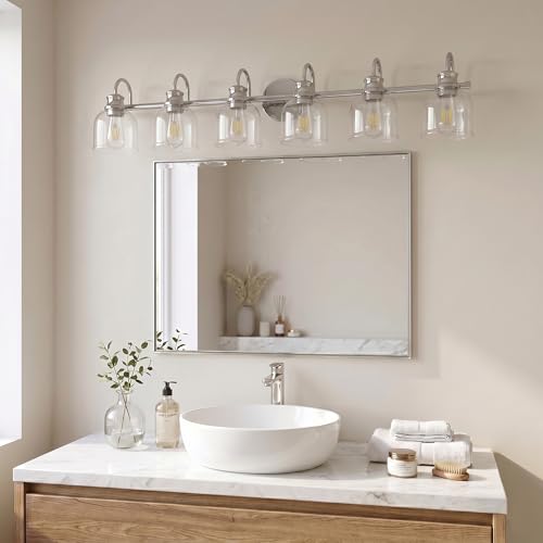 URSOLA 6 Lights 48" Bathroom Vanity Light Fixtures, Brushed Nickel Traditional Classic Vanity Light with Clear Glass, Bathroom Lighting Fixtures Over Mirror - color: Brushed Nickel, size: 6 Lights