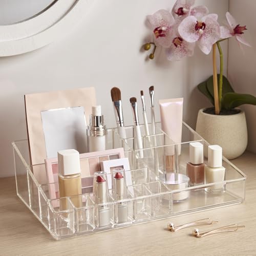 STORi Audrey Clear Vanity Makeup Organizer | 15-Compartment Holder for Brushes, Eyeshadow Palettes, & Beauty Supplies | Stacks on Audrey Storage Drawers | Made in USA - size: Cosmetic Organizer, style: Cosmetic Organizer Topper