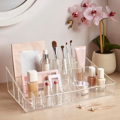 STORi Audrey Clear Vanity Makeup Organizer | 15-Compartment Holder for Brushes, Eyeshadow Palettes, & Beauty Supplies | Stacks on Audrey Storage Drawers | Made in USA - size: Cosmetic Organizer, style: Cosmetic Organizer Topper