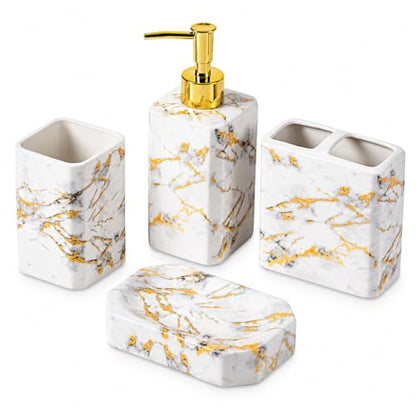 4 Piece Bathroom Accessories Set - White Bathroom Accessory Sets Includes Lotion Dispenser, Toothbrush Holder Tumbler, and Soap Dish - Glossy Finish (Marble, White) - color: White