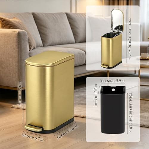 ELPHECO Bathroom Trash Can with Lid 3.5Gal Stainless Steel Step Garbage Can | 13.5 Litre Stainless Steel Pedel Garbage Can with Removable Inner Bucket, Wastebasket for Bathroom, Office, Bedroom, Gold - color: Gold